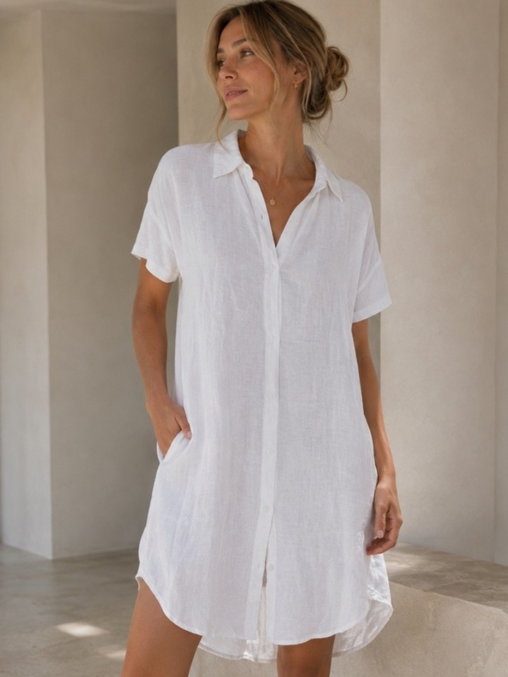 James Perse White Linen Button-Down Shirt Dress Size large